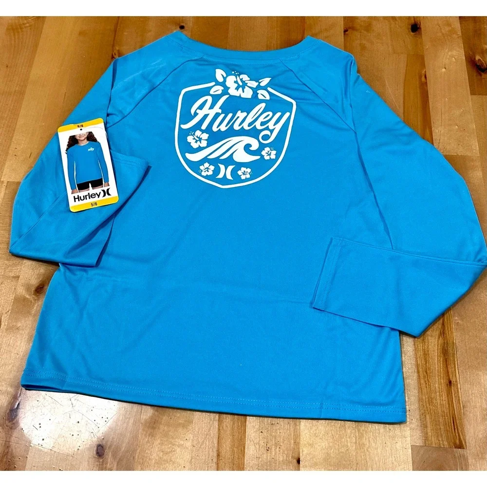 Hurley Swim Top Youth 5/6 Turquoise New UPF 50+ Long‎ Sleeve Rash Guard